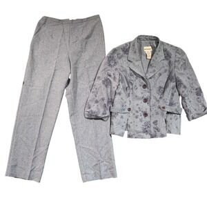Petite Perceptions Floral Blazer Pant Suit Set Blue Gray‎ Women's Size 10P